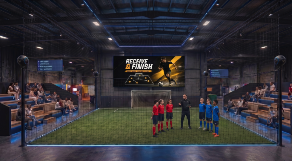 The FIFA pitch venue: an indoor field with a screen behind the goal and players warming up